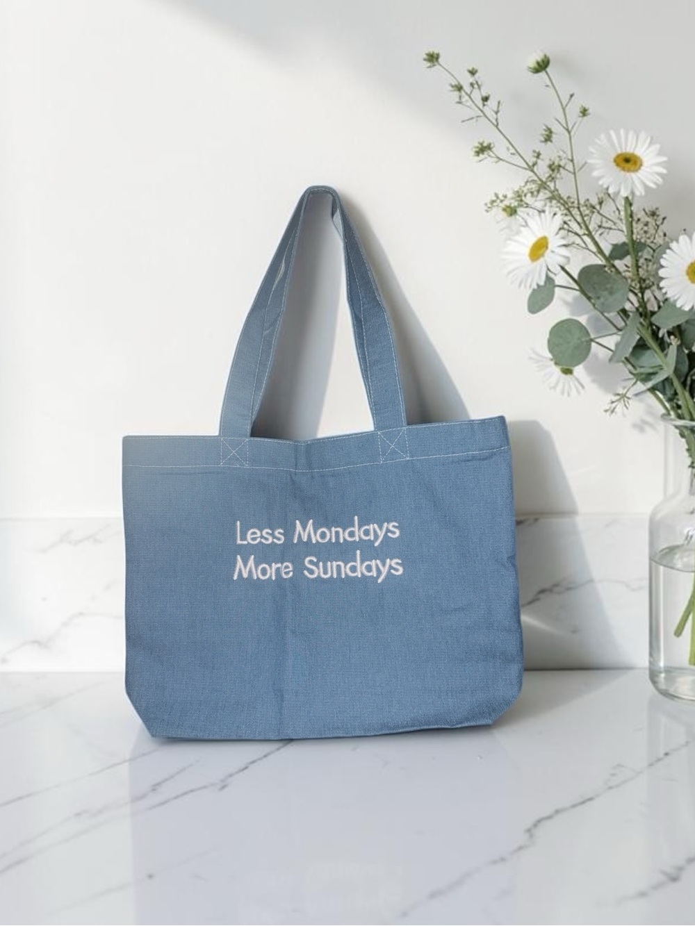 Blue Denim Zip Canvas Tote Bag - "Less Mondays More Sundays" NIP